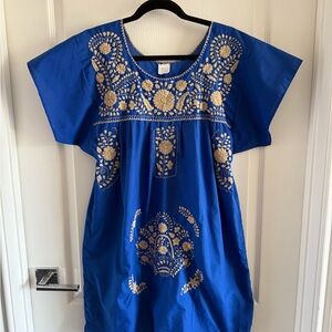 Authentic Mexican Blue Dress with Gold Embroidery